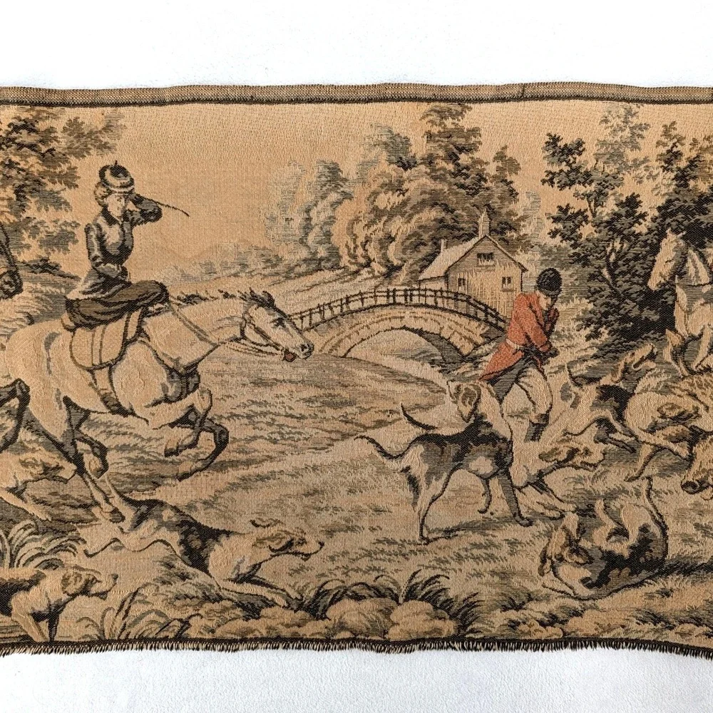 Belgian Vintage Fox Hunt Woven Tapestry Equestrian‎ Wall Hanging 45x19